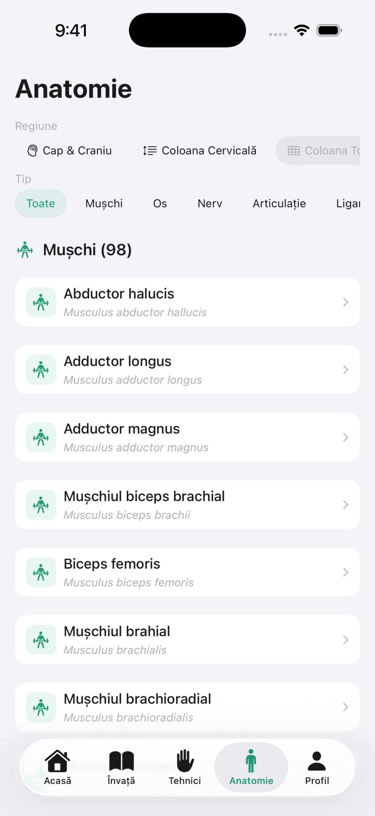 Anatomy listing screen