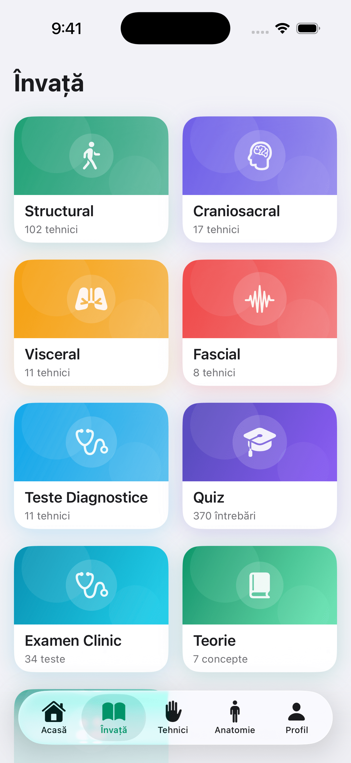 Osteopathy101 learn screen with all modules